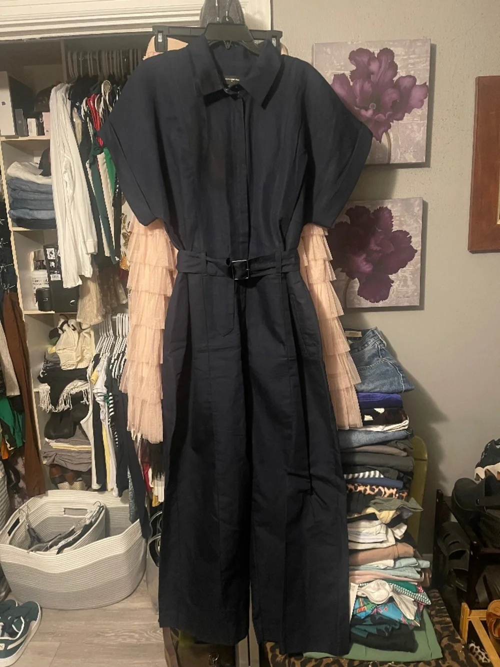 Banana Republic Wide Leg Belted Linen/Canvas Navy Utility Jumpsuit
